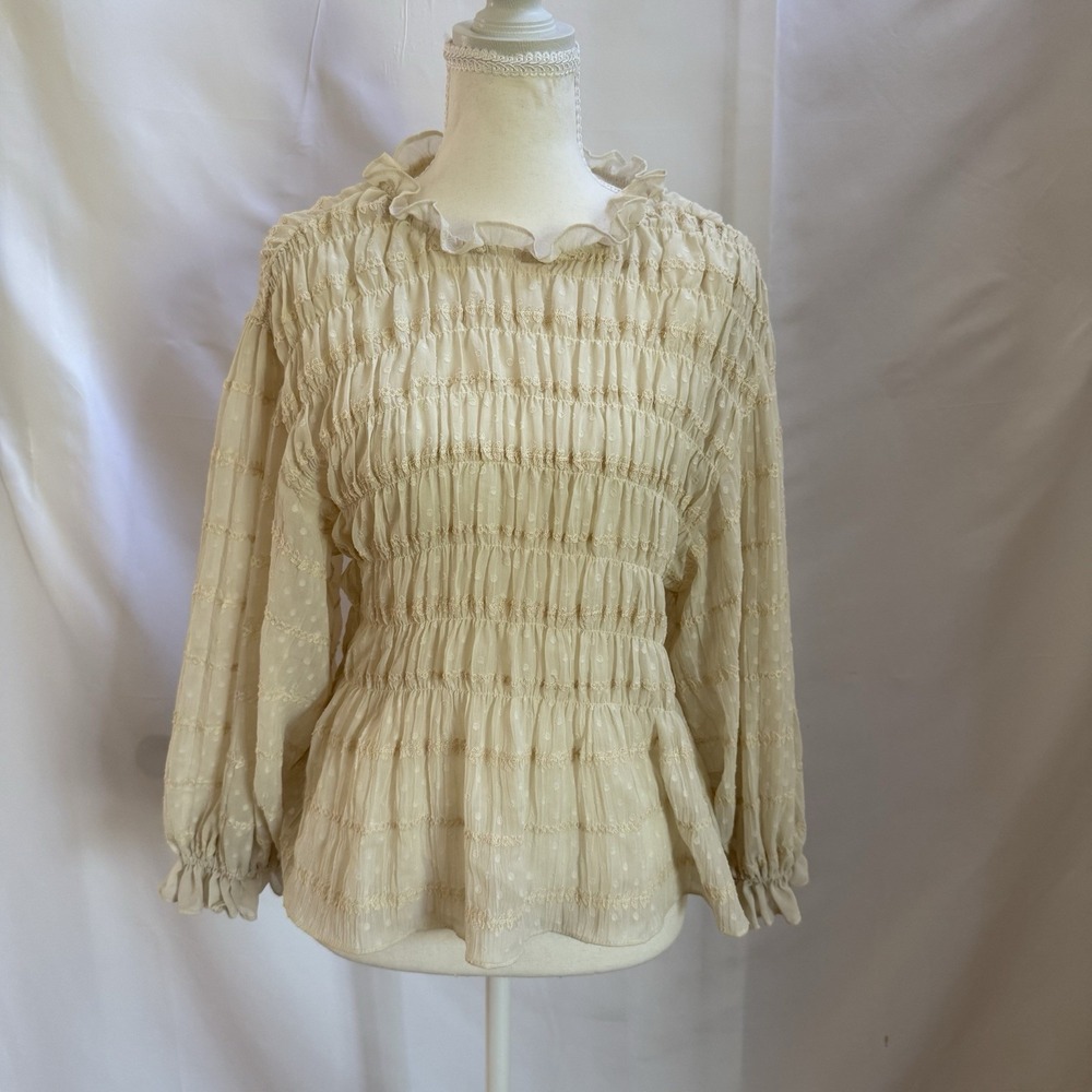 Free People Size M Sheer High Neck Victorian Smocked Ivory Peplum Top Coquette